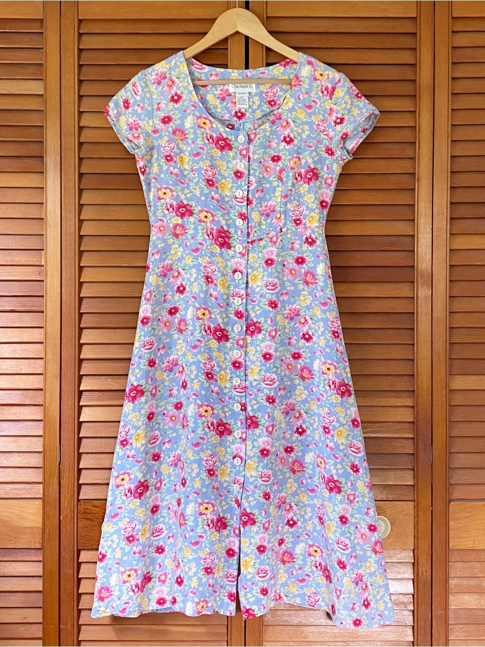 Vintage Chadwicks Dress Womens Size 4P Linen Blend Button Up Floral Empire Waist